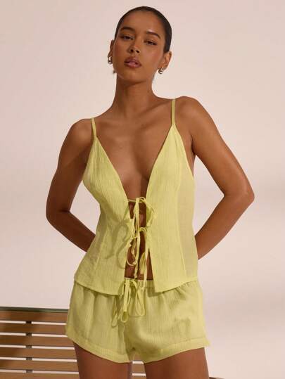 MUSERA Woven Spaghetti Strap Strappy Front Tie Top Spring Vacation Boho Ibiza Elegant Beach Cute Beach House Elegant