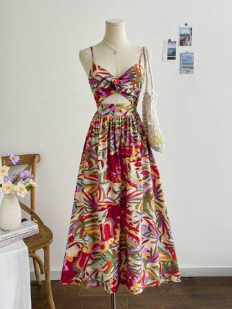 Soleia Vestido midi con escote en V, cierre con lazo, cintura fruncida y estampado tropical, estilo para vacaciones en la playa