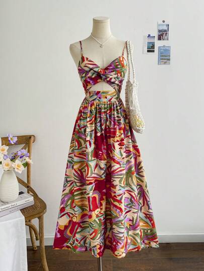 Soleia Vestido midi con escote en V, cierre con lazo, cintura fruncida y estampado tropical, estilo para vacaciones en la playa