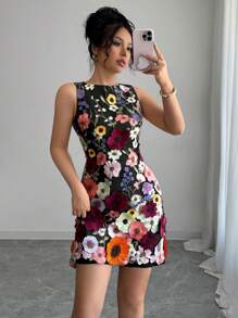 Rafferiza Women's Round Neck Sleeveless Elegant Floral Fitted Mini Skirt