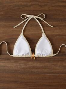 Swim Vcay Beach Summer For Women, Solid Color Halter Backless Tie-Back Bikini Swimwear Tops