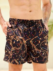 Manfinity Swimmode Pantalones cortos de playa de hombre con estampado de cadena y cordón para ajuste en la cintura