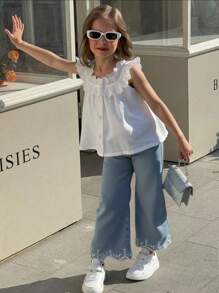 SHEIN 2pcs/Set Girls Casual Fashionable Ruffle Collar Sleeveless Loose Embroidery Lace Tank Top + Denim Embroidered Flared Pants Suit, Versatile For Holiday, Travel And Daily Wear, Summer