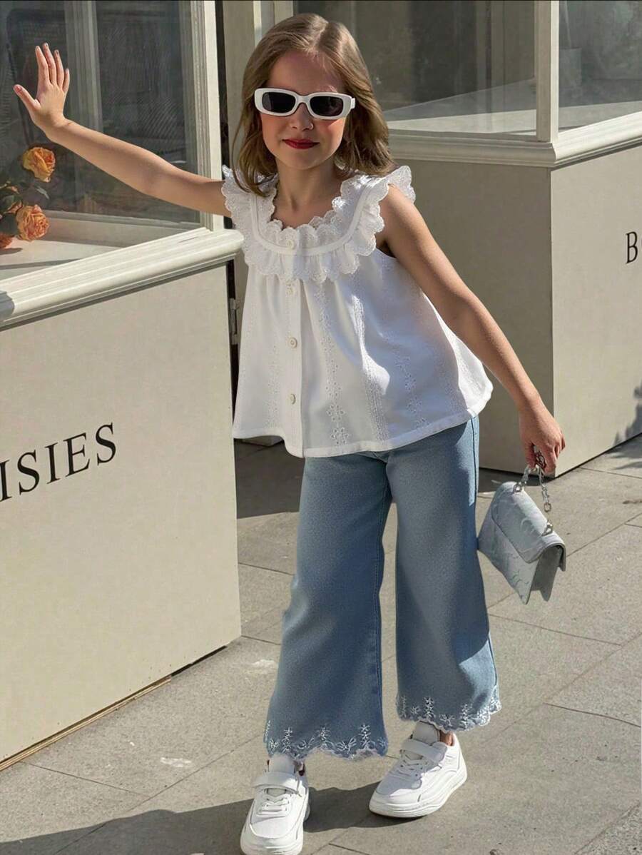 SHEIN 2pcs/Set Girls Casual Fashionable Ruffle Collar Sleeveless Loose Embroidery Lace Tank Top + Denim Embroidered Flared Pants Suit, Versatile For Holiday, Travel And Daily Wear, Summer