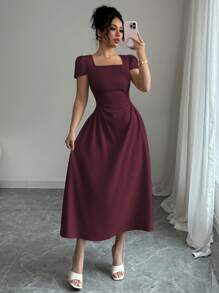 Elenzga 女士优雅纯色泡泡袖中长连衣裙，方领系带设计，休闲/工作/旅行/下午茶，春夏 - 紫紅色 - 查看 3