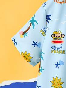 Paul Frank X SHEIN Camisa polo casual de manga curta com estampa de desenho animado para meninos adolescentes, praia, azul-marinho, resort, verão - Verde-azulado - Ver 3