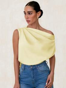 Glamine Blusa de mujer de satén con hombro oblicuo, pliegues y dobladillo asimétrico, elegante y casual, adecuada para fiesta, ir al trabajo, primavera y verano - Amarillo - Ver 3