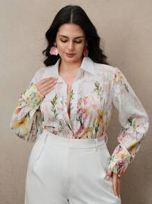 Anewsta Ladies' Plus Size Woven Digital Positioning Printed Fashionable White Long Sleeved Shirt - Green - View 5