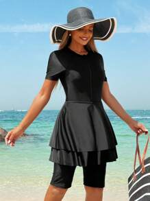 Swim Mulvari 2 pièces Jupe noire en tissu à double couche avec short et Top à manches courtes, design à fermeture éclair avant, inspiré du Moyen-Orient, ensemble 2 pièces Burkini