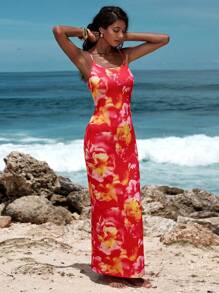 Opulessa Knitted Printed Slip Fitted Long Dress For Women - Red - View 6