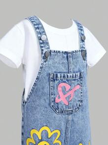 SHEIN Mono de mezclilla suave con estampado de flores, corazones y arco iris para niña joven