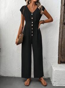 SHEIN LUNE Women's Casual Solid V-Neck Batwing Sleeve Single-Breasted Jumpsuit, Summer