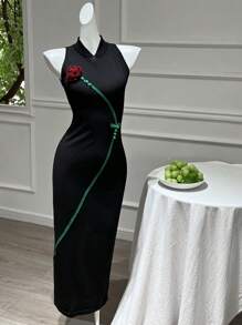 DAZY Nuovo abito in stile cinese migliorato, cheongsam nero senza maniche in maglia con motivo ricamato a rose, adatto per estate e autunno