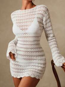 Swim Oasis 女士夏季度假镂空针织喇叭袖罩衫连衣裙 - 白色 - 查看 1