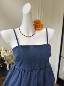 SHEIN EZwear 女士夏季荷叶边水洗牛仔吊带背心、娃娃装上衣 - 藍色 - 查看 6