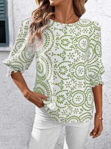SHEIN Clasi 女士印花泡泡袖衬衫 - 綠色 - 查看 6