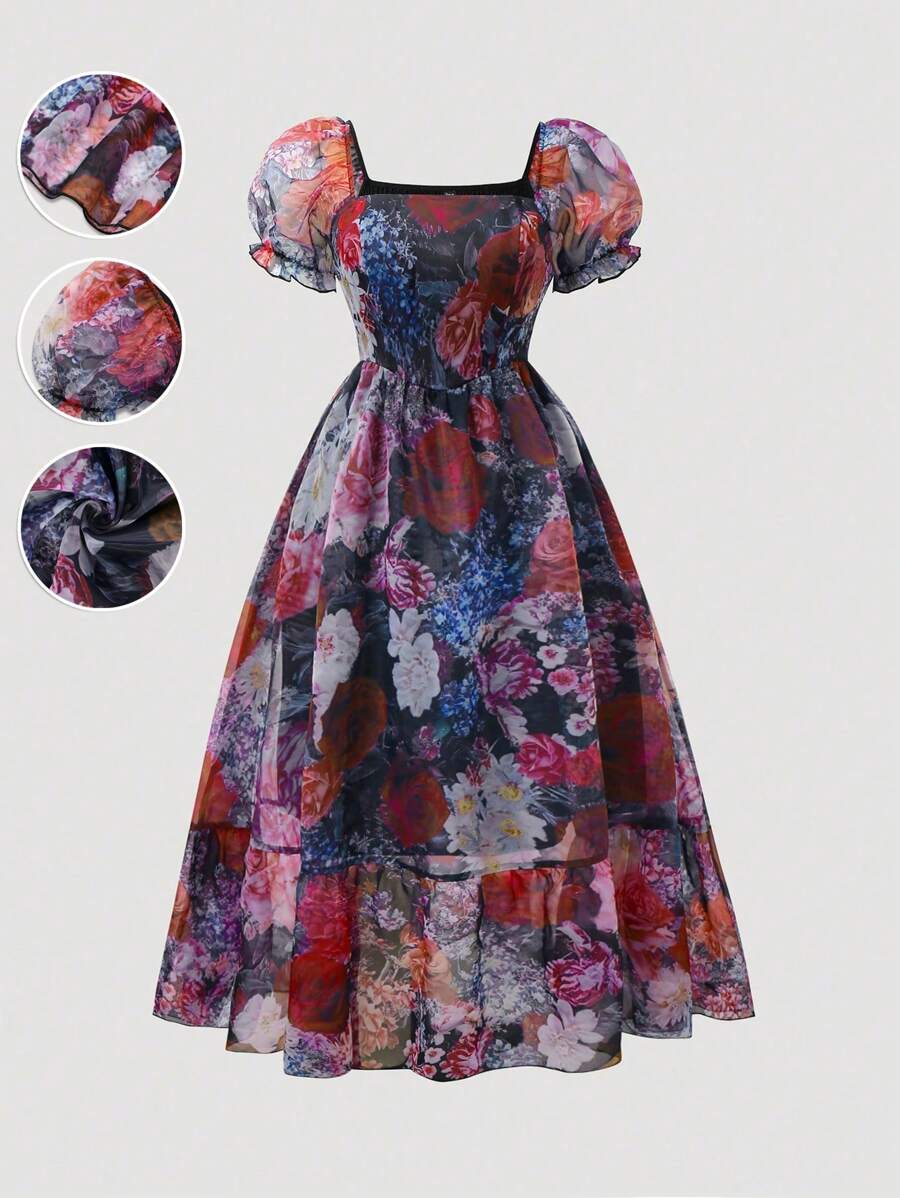 Flirla Plus Size Romantic Puff Sleeve Sheer Organza Print Dress - Multicolor - View 1