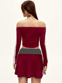 INAWLY Lace Trim Off Shoulder Long Sleeve Top And Mini Skirt 2 Pieces Set Fall Cloth For Women - Burgundy - View 3