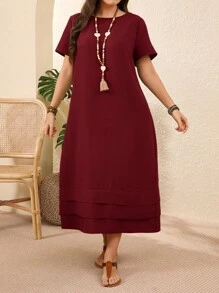 EMERY ROSE 大码纯色短袖休闲度假连衣裙春季女装度假乡村鼠尾草绿