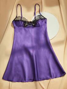 Charlaine ثوب نوم سبكاغيتي بتصميم بسيط من الدانتيل والرقعة، للنساء، لبس عادي يومي - الأرجواني - مشاهدة 3