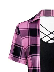 SHEIN LUNE Plus Plaid Print Criss Cross Button Front Asymmetrical Hem 2 In 1 Tee Graphic Tees Women Tops