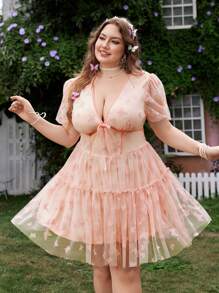 Lyrianda Plus Size Romantic Sweet Tie-Waist Fitted Dress - Pink - View 4