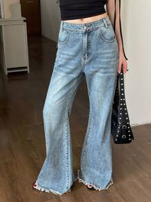 DAZY Women's Rhinestone Embellished Fringe Flare Leg Jeans, Casual Denim Pants Sequin