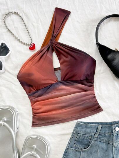 Soleia 渐变色单肩镂空后背女式衬衫，适合度假、音乐节、波西米亚风、节日、约会、下午茶、钩针编织、亚麻、夏季