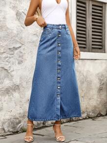 SHEIN Plus Size Women's Single-Breasted Casual Vacation Washed Denim Skirt