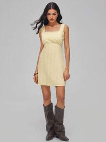 Roylia Vestido mini romántico francés de mujer con escote cuadrado, ajustado, con detalles de volantes en color amarillo