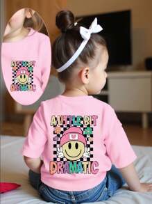 SHEIN Baby Girls' Casual Fashion Comfortable Minimalist Colorful Checkered & Letter Print Short Sleeve T-Shirt, Spring/Summer - Pink - View 3