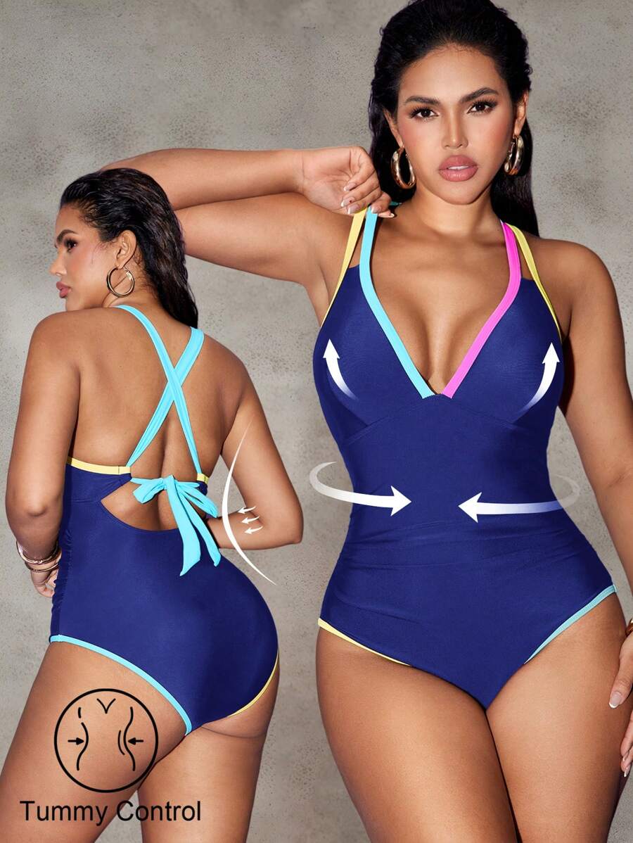 Shapewave 1pc Tummy Control Patchwork Swimsuit For Women For Summer Beach Vacation - Navy Blue - View 1