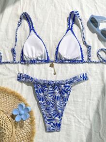 Swim Mod Springbreak Women 2pcs Beachwear Summer Outfits, Textured Triangle Bikini, Pendant Decor, Beach Holiday Swimsuit Sets - Royal Blue - View 2
