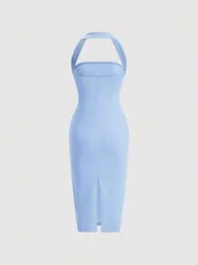 Firerie Solid Ruched Halter Neck Backless Bodycon Dress Blue