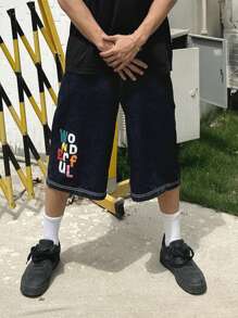 DAZY Men's Letter Print Casual Denim Shorts, Summer, Back Top School - Blue - View 3