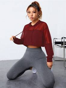 SHEIN Sports Solid Color Mesh Patchwork Hooded Long Sleeve Sweatshirt