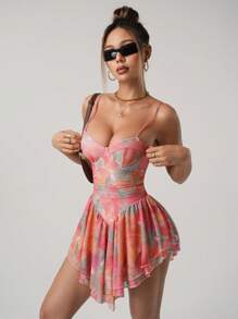 SHEIN ICON Floral Print Asymmetrical Ruffle Hem Vacation Style Spaghetti Strap Dress,Sun Dresses For Women - Multicolor - View 6