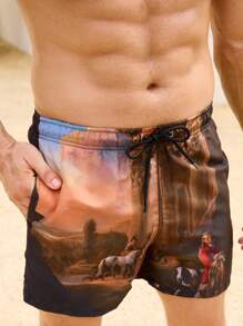 Manfinity Men's Summer Portrait Pattern Drawstring Waist Beach Shorts
