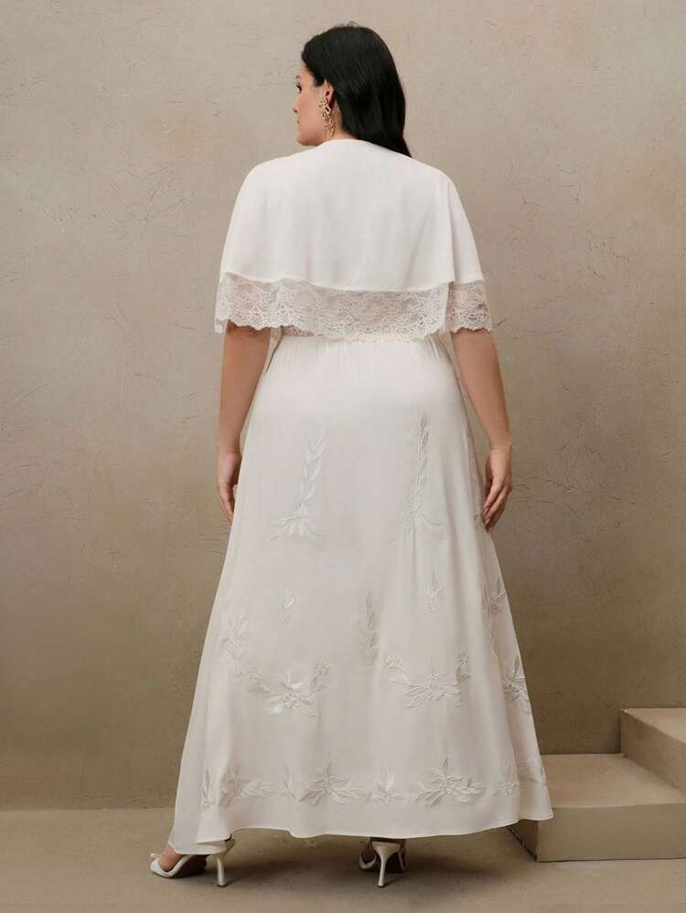 Women's Ruffled V-Neck Sleeveless Fitted Lace Hem Embroidery Panel Maxi Casual Vacation Chiffon Dress