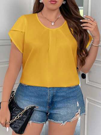 SHEIN Privé 大码女装优雅通勤知性圆领泡泡袖短袖衬衫，夏季黄色上衣女夏季衬衫女装夏装女夏季套装