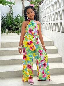 SHEIN Leap Crew Tween Girl Spring/Summer Floral Print Woven Halter Neck Sleeveless Straight Leg Jumpsuit, Suitable For Beach And Other Occasions, Mommy And Me Matching Outfits - Multicolor - View 7