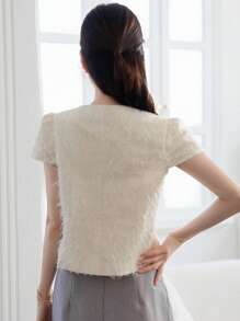 DAZY Plain Fitted Short Sleeve V-Neck Elegant Summer Ladies Blouse - Apricot - View 3