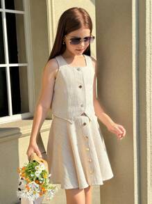 SHEIN Tween Girls Urban Stylish Square Neck Front Button Arc Hem Vest And Mini Skirt 2Pcs Set - Beige - View 4