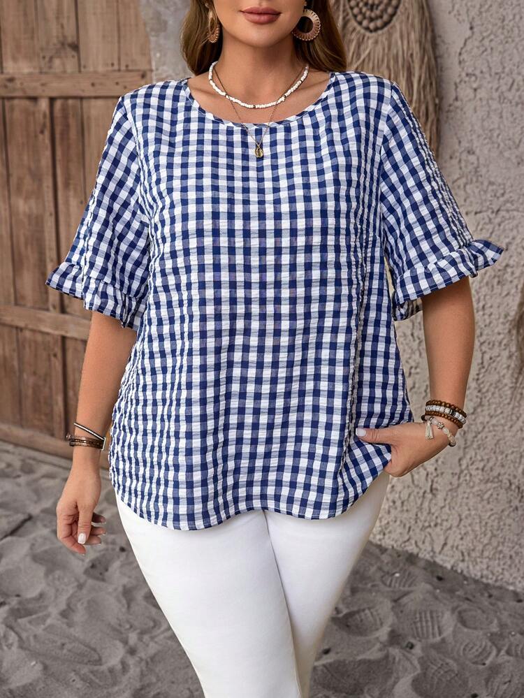 Plus Size Women's Plaid Print Ruffle Summer Casual Short Sleeve Tunic Top, Summer, Mother Day, Country Concert, Boho, Western, Vacation Summer,Spring