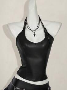 SHEIN ICON 女士纯色简约细肩带露背 PU 皮革 Y2K 短款上衣，酒红色，适合节日、派对、新年和休闲穿着 - 黑色 - 查看 4