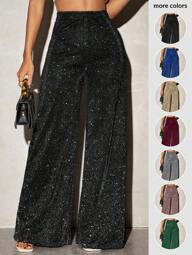 SHEIN SXY Casual glänsande stickat material med hög midja vid benbyxor för kvinnor