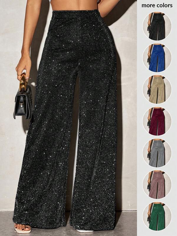 SHEIN SXY Casual Shiny Knit Material High Waist Wide Leg Pants For Women