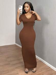SHEIN SXY 女士纯色 V 领紧身短袖连衣裙 hoco 连衣裙 - 巧克力棕 - 查看 3