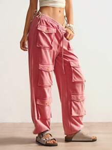 Bohemela Pantalones largos de mujer con bolsillos de punto de unicolor, decorados con cordón en el bajo, informales para el Día de la Independencia, Graduación - Rojo - Ver 1
