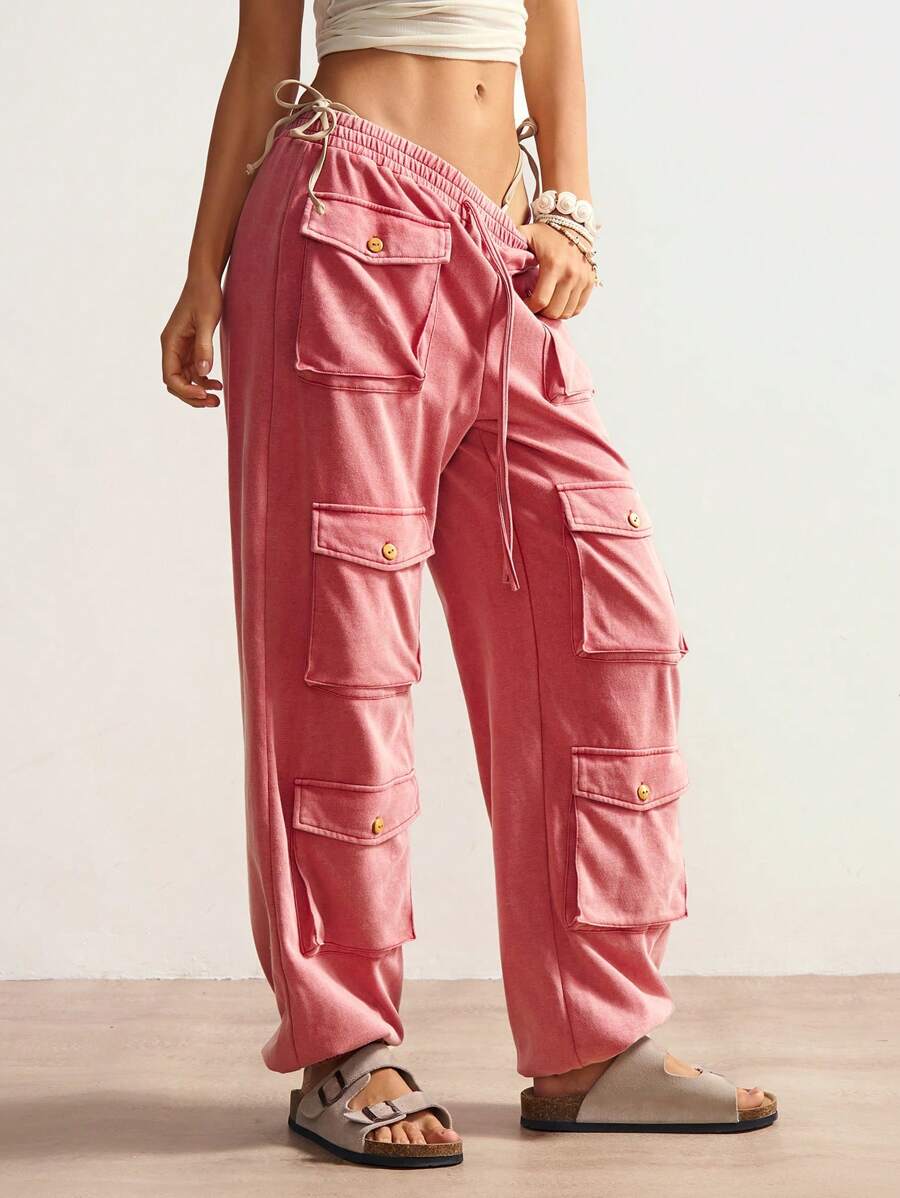 Bohemela Pantalones largos de mujer con bolsillos de punto de unicolor, decorados con cordón en el bajo, informales para el Día de la Independencia, Graduación - Rojo - Ver 1